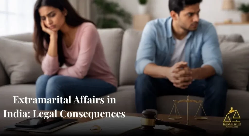 "Extramarital Affairs in India concept showing distressed married couple with legal documents, wedding ring, and judge gavel symbolizing divorce and legal consequences"