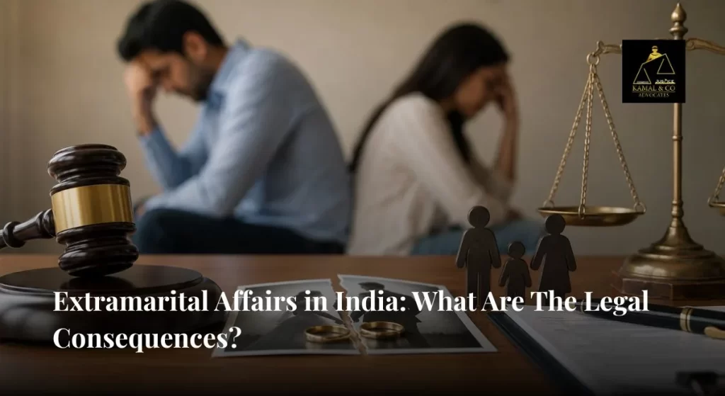 Extramarital Affairs in India legal consequences concept showing distressed married couple, divorce documents, wedding rings, child custody concerns, and court gavel - Kamal & Co. Advocates