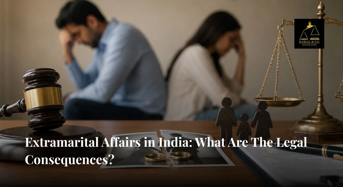Extramarital Affairs in India legal consequences concept showing distressed married couple, divorce documents, wedding rings, child custody concerns, and court gavel - Kamal & Co. Advocates