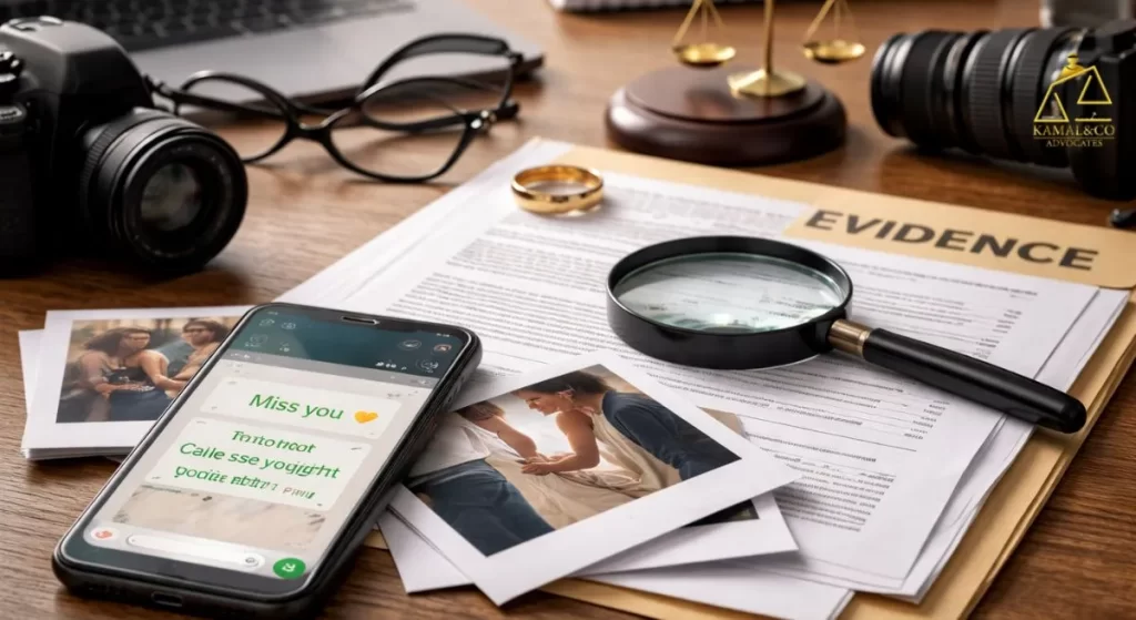 "Digital evidence of extramarital affair including smartphone chats, photos, documents, and legal tools like gavel and magnifying glass on desk"