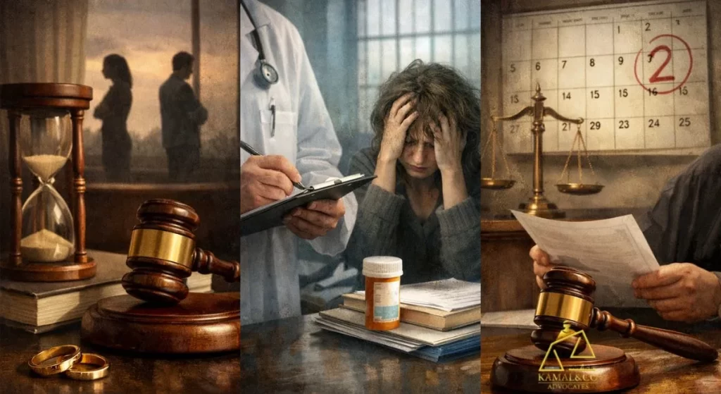 "Legal framework and minimum waiting periods for contested divorce in India depicting court gavel, separated couple, medical evaluation, and two-year waiting period concept"