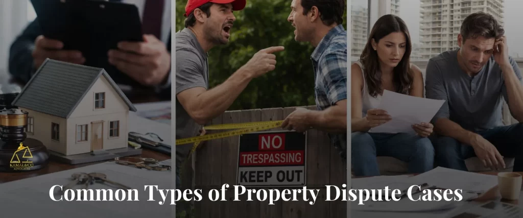 "Common types of property dispute cases including title disputes, ownership conflicts, possession issues, encroachment disputes, and RERA related property disputes in India."