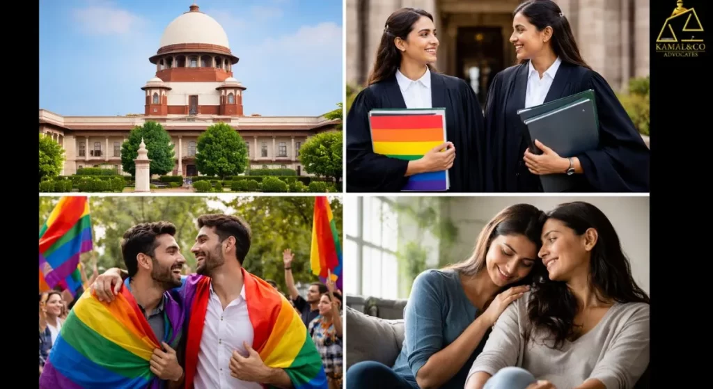 "Same sex marriage in India legal status concept showing LGBTQ+ couples, Indian Supreme Court, and legal recognition of same sex relationships in India"