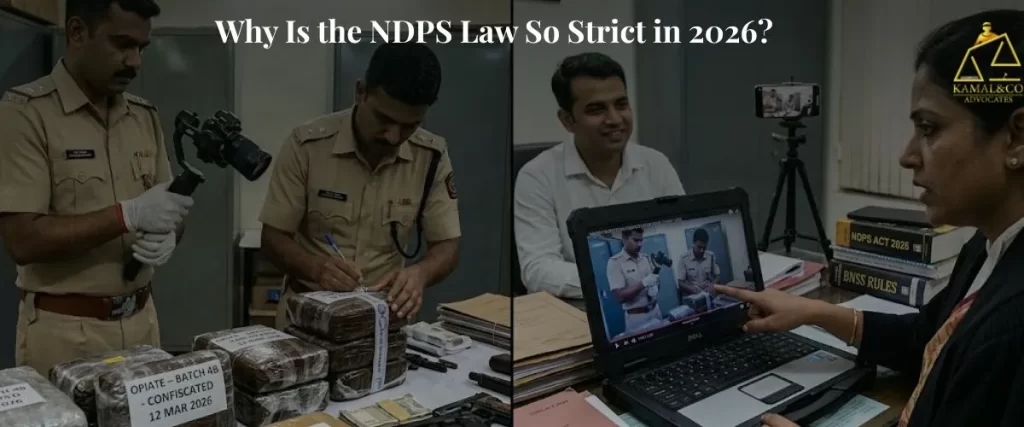 "Indian Police Officers and Lawyer Reviewing Video Evidence for NDPS Act 2026 Case using BNSS Rules,Showcasing Procedural Defense for Confiscated Narcotics"