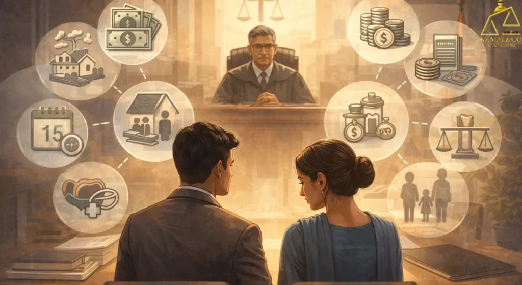 "difference between alimony and maintenance showing a courtroom scene where a judge evaluates financial, family, and lifestyle factors to decide support amounts between spouses"