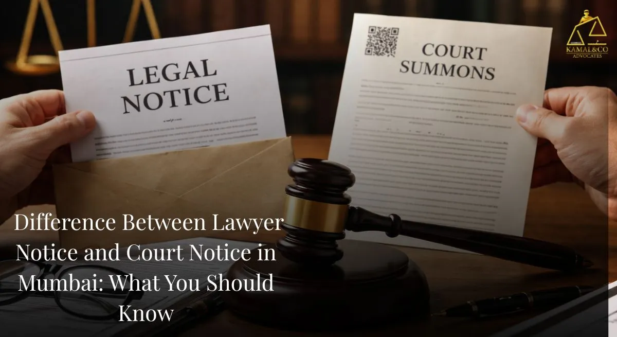 "Legal notice and court summons placed on a desk with gavel and law books, representing the difference between a lawyer notice and a court notice in India"