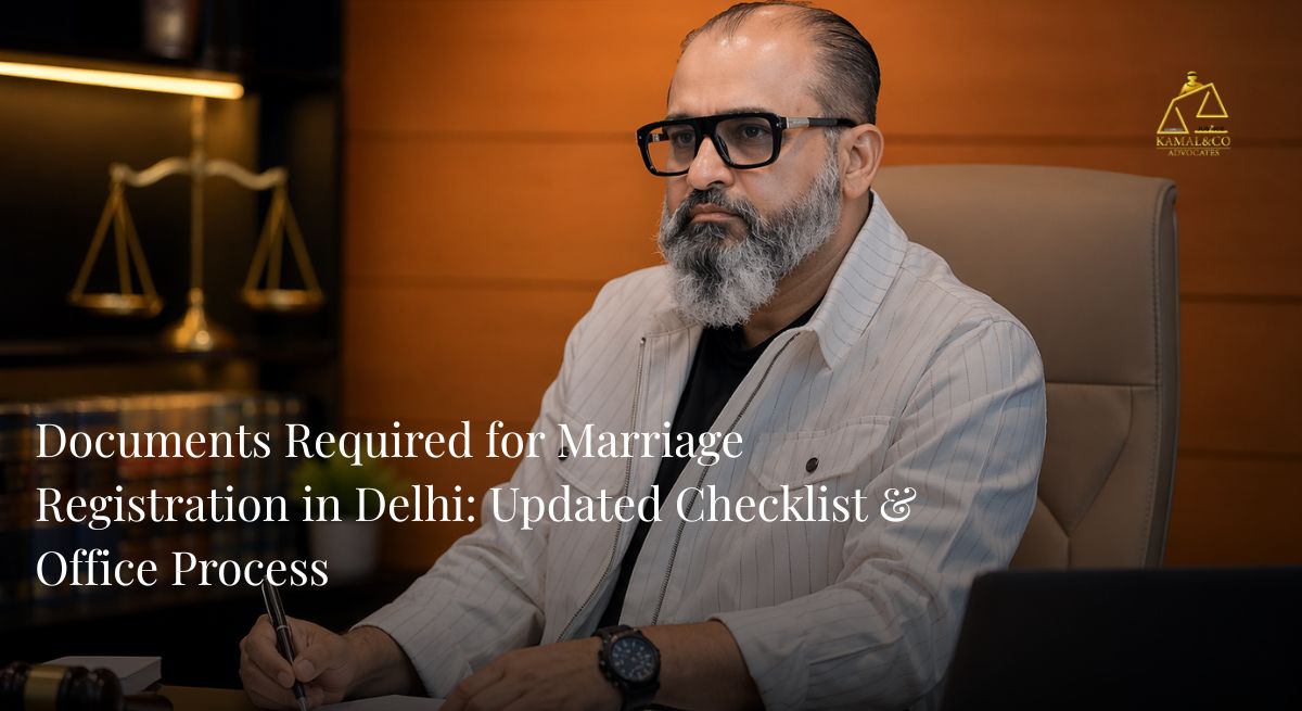 "document required for marriage registration in Delhi process with advocate reviewing paperwork and legal documents in office"