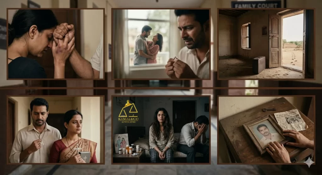 "six-panel illustrative photo series in a contemporary Indian style, depicting legal grounds like mental illness, adultery, and desertion, to help explain what is judicial separation for struggling couples."