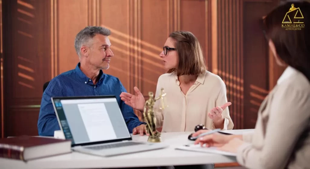 Divorce mediation process in Hyderabad courts – couple discussing custody and settlement with mediator in a legal setting