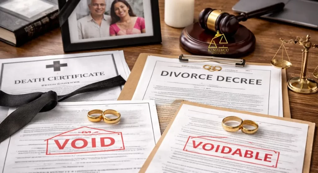 "Second marriage law in India showing divorce decree, death certificate, and legal documents marked void and voidable with wedding rings and gavel on desk"