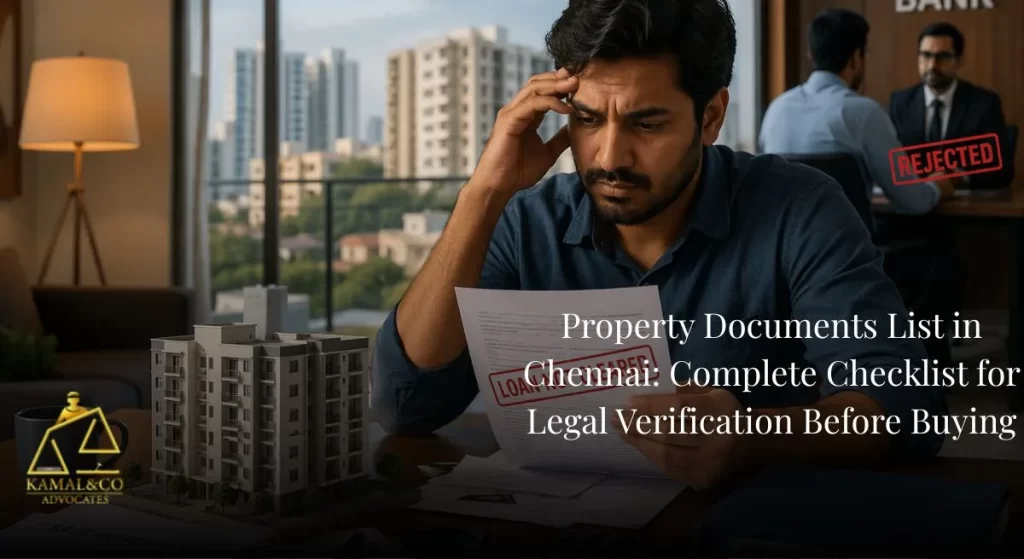 "Worried homebuyer reviewing property documents after loan issue, highlighting risks in property documents list in Chennai"