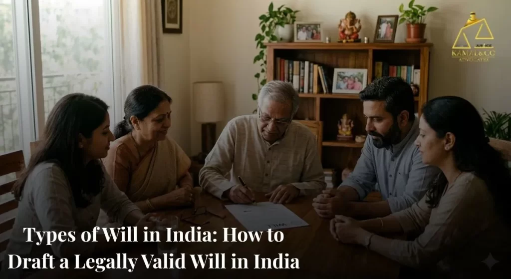 "An elderly Indian man signing a legally valid Will in India while his family watches supportively around a wooden table, representing the different types of will and secure estate planning"