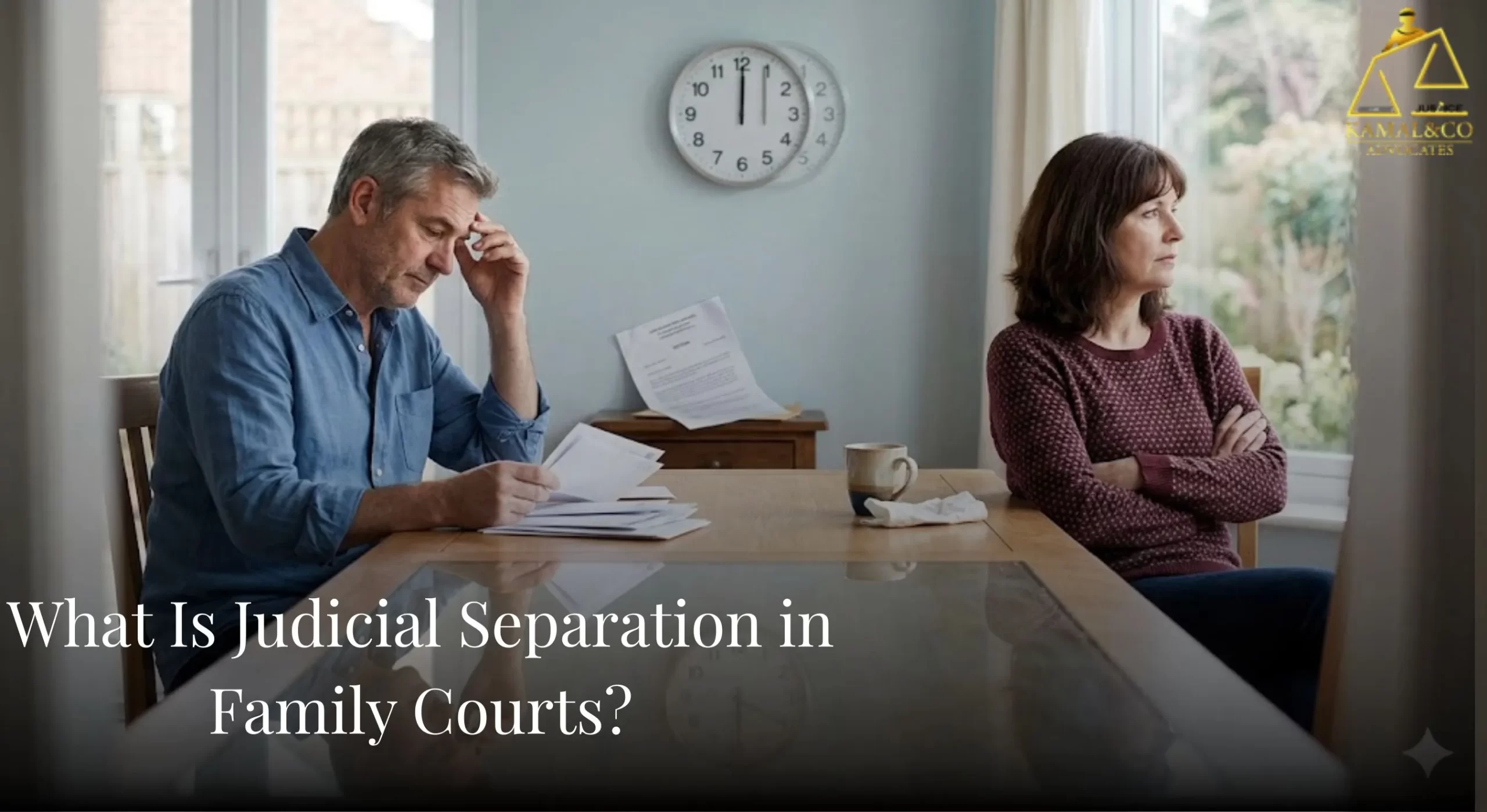 "A middle-aged couple in India sits at a table, avoiding eye contact and showing clear emotional distance, as they consider what is judicial separation and its legal implications in their home."
