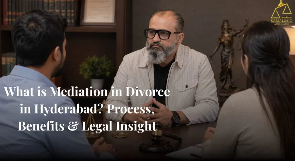 "What is mediation in divorce couple discussing settlement with mediator in a professional legal office setting"