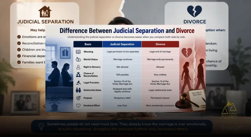 Difference Between Judicial Separation and Divorce infographic comparing legal separation and divorce under the Hindu Marriage Act - Kamal & Co. Advocates