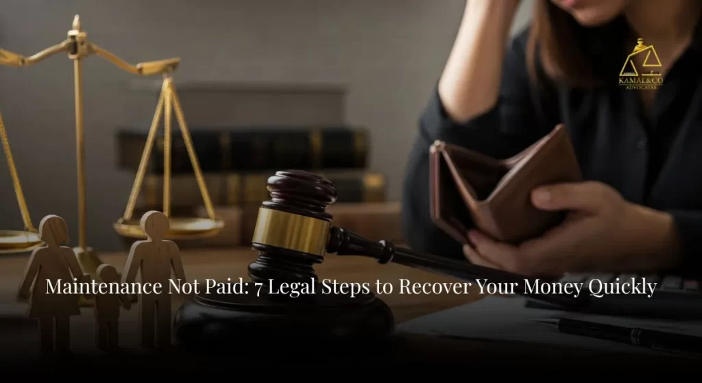 Maintenance not paid after court order concept image showing a distressed woman holding an empty wallet beside a judge’s gavel - Kamal & Co. Advocxates