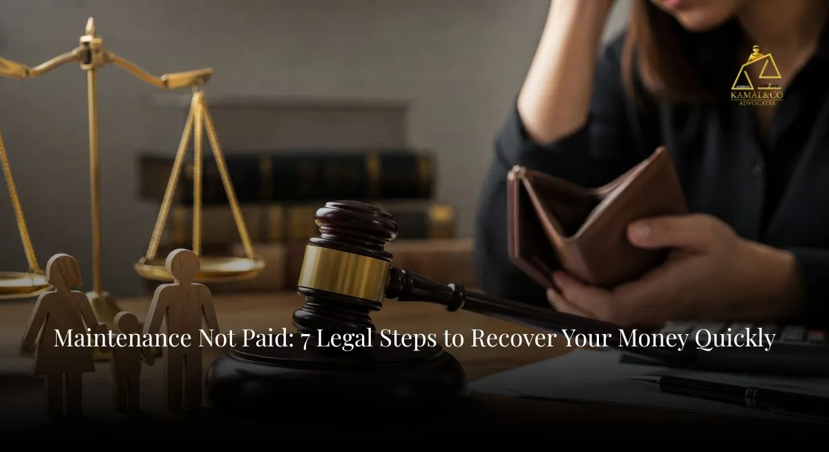 Maintenance not paid after court order concept image showing a distressed woman holding an empty wallet beside a judge’s gavel - Kamal & Co. Advocxates