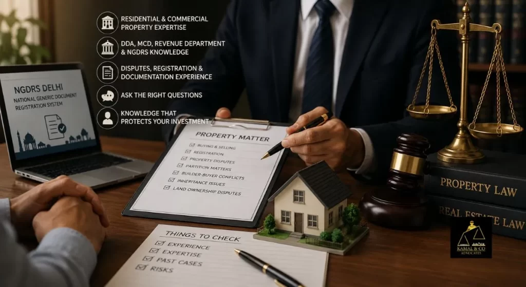 Experienced Property Lawyer in Delhi reviewing property documents, title records, and registration paperwork with a client, highlighting expertise in property disputes - Kamal & Co. Advocates