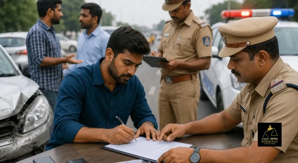 Road Accident in Chennai victim filing FIR with police officers after a traffic accident for legal and compensation claims - Kamal & Co Advocates