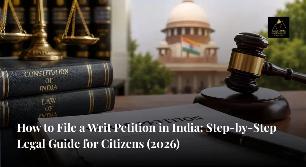 How to File a Writ Petition in India concept showing legal documents, court gavel, Constitution of India, and Supreme Court for constitutional remedies and citizen rights protection - Kamal & Co. Advocates