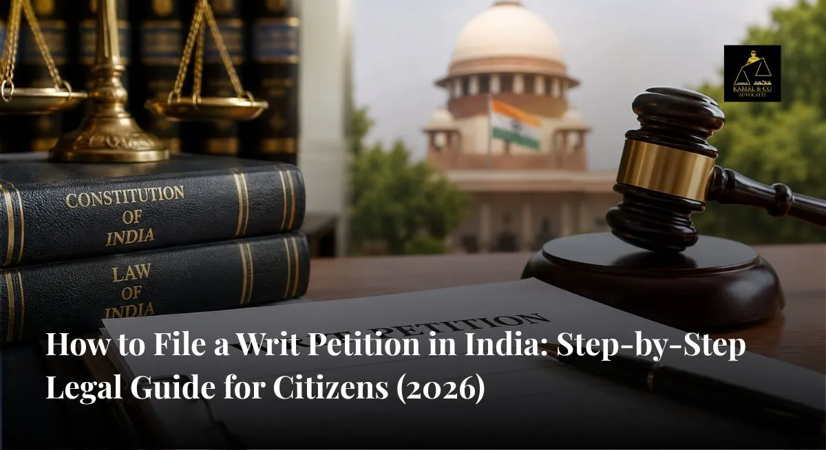 How to File a Writ Petition in India concept showing legal documents, court gavel, Constitution of India, and Supreme Court for constitutional remedies and citizen rights protection - Kamal & Co. Advocates