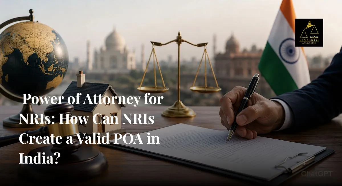 Power of Attorney for NRIs document signing process in India with property model, legal gavel, scales of justice, and international representation for NRI legal services and property transactions - Kamal & Co. Advocates