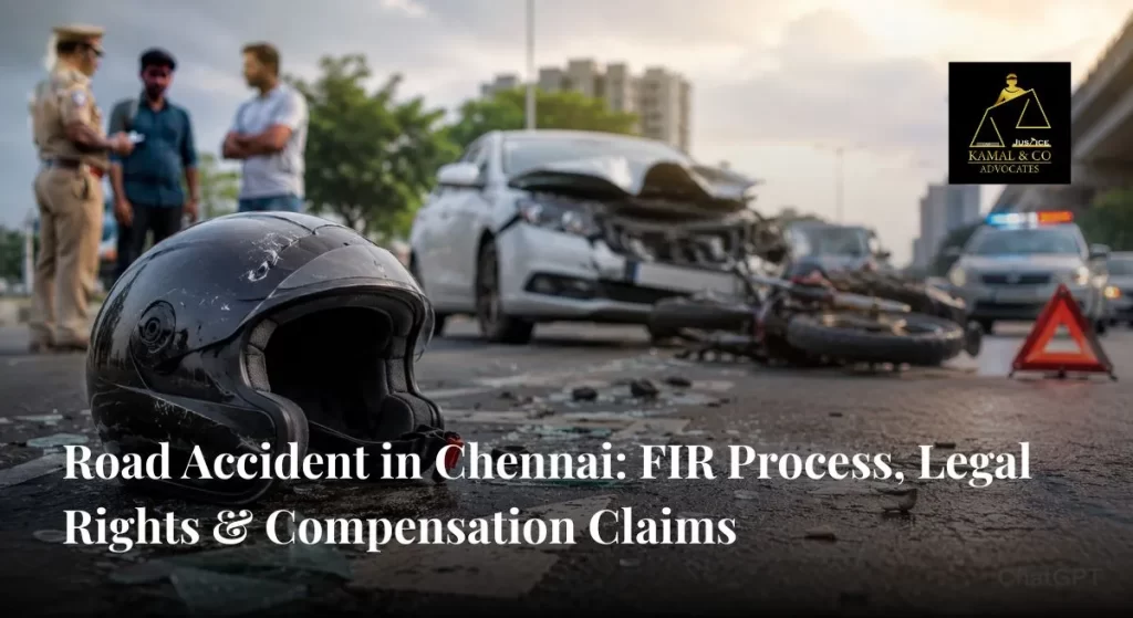 Damaged vehicles and accident scene highlighting FIR process, legal rights, and compensation claims after a road accident in Chennai- KAMAL & Co. Advocates