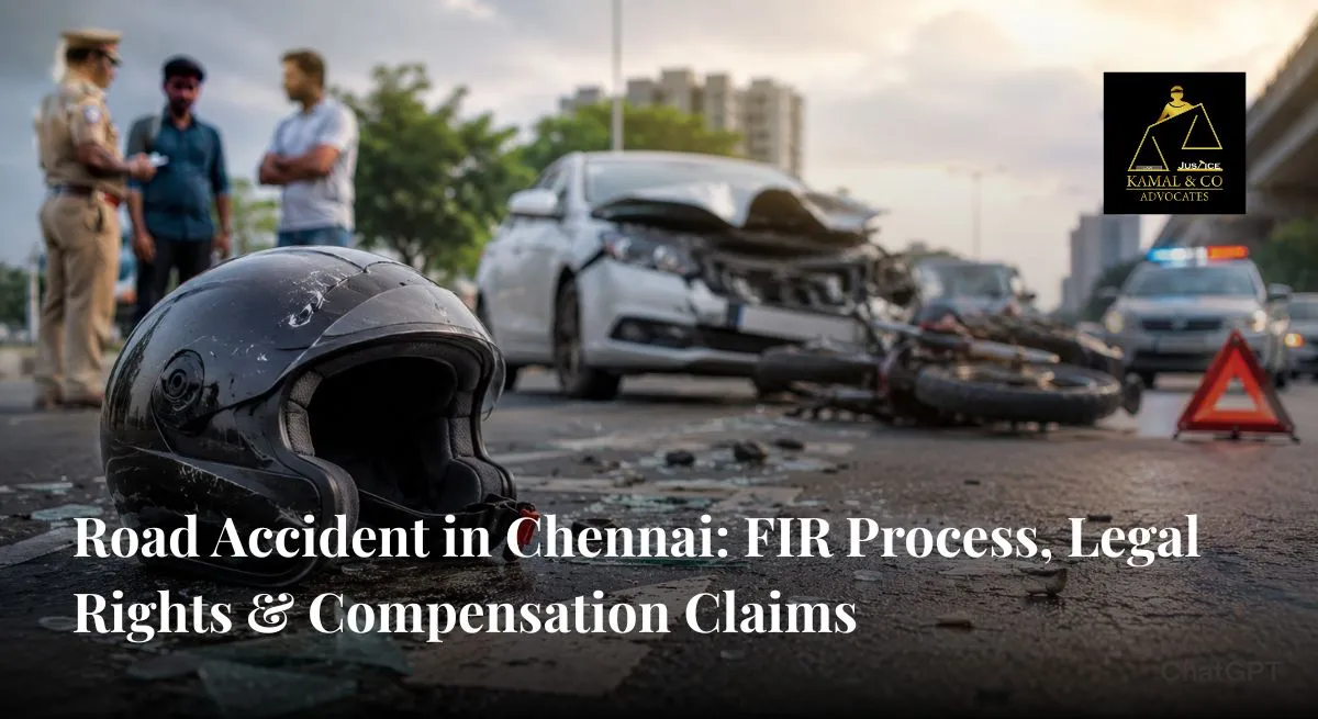 Damaged vehicles and accident scene highlighting FIR process, legal rights, and compensation claims after a road accident in Chennai- KAMAL & Co. Advocates