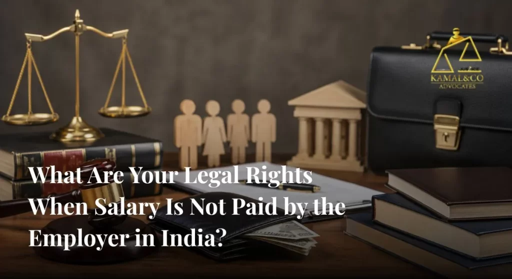 Employee legal rights in India for unpaid salary disputes showing legal documents, court symbols, employment contract rights, and wage protection laws- KAMAL & CO ADVOCATES